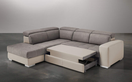 Dafne Italian Design Divano Letto angolare 3 posti con penisola a Sinistra. Similpelle Sabbia, Similpelle Effetto Nabuk Talpa (cm. 266 x 230 x 94h)