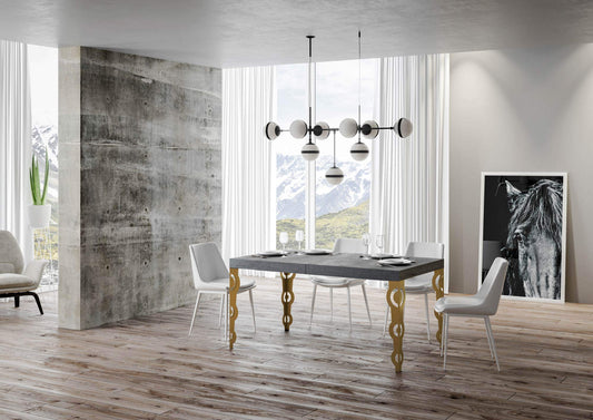 Dafne Italian Design Tavolo Karamay allungabile piano Cemento 90x180 allungato 284 telaio oro