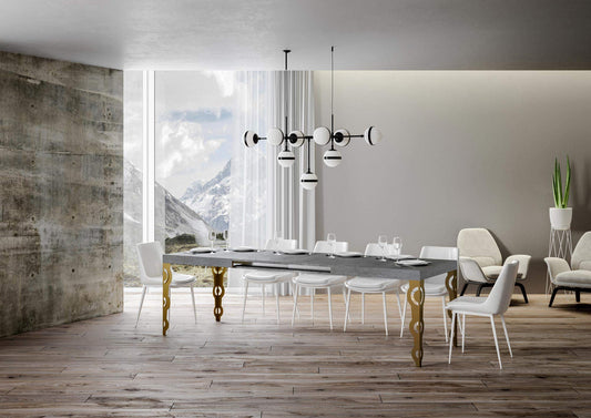 Dafne Italian Design Tavolo Karamay allungabile piano Cemento 90x180 allungato 440 telaio oro