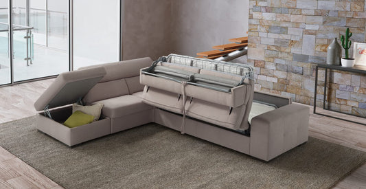 Dafne Italian Design Divano angolare 3 posti con letto a ribalta in tessuto color beige - misure cm L 287x241 l 102 H 77 - Made in Italy