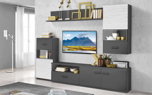 Dafne Italian Design Mobile da soggiorno moderno Pegy misura cm. 270x42x205 colore grigio titanio e bianco effetto legno: base tv, madia alta, pensile e mensola.