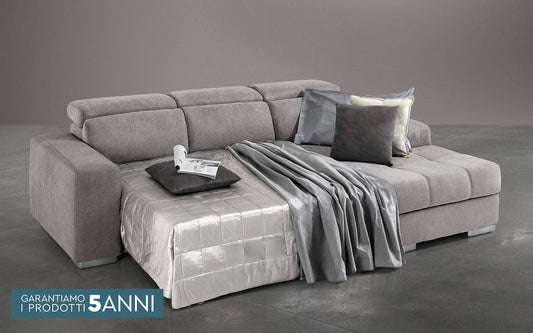 Dafne Italian Design Divano Letto angolare 3 posti con penisola a Destra. Tessuto Romeo Platino (cm. 259 x 178 x 94h)