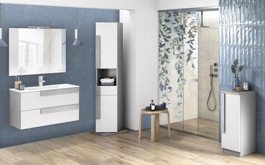 Mobile da bagno componibile sospeso "Sandie" colore grigio chiaro e bianco cm 81x46x189 (base, lavabo, specchio) - colonna girevole anta dx cm. 35x34x180 - mobile con anta dx cm 35x34x85
