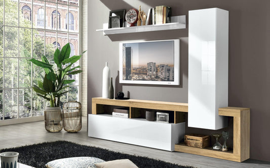 Dafne Italian Design Mobile da soggiorno moderno Amby color bianco lucido e rovere chiaro cm. 219 x 35 x 205 (base tv, pensile, mensola)
