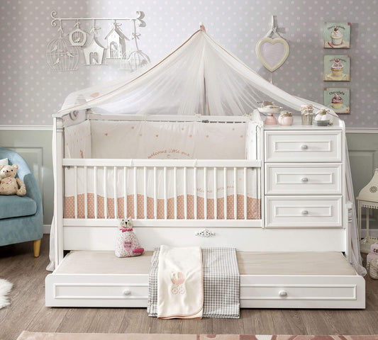 Dafne Italian Design Letto crescita - culla 80x130 cm - trasformabile in letto una piazza 80x180 cm - con cassetto porta oggetti, cassettiera - materasso non incluso