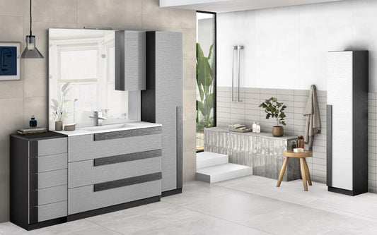 Mobile da bagno "Sandie" grigio chiaro e nero componibile cm 101x46x189 (base, lavabo, specchio, pensile) - colonna anta sx cm. 35x34x189 - mobile 5 cassetti cm 35x34x85, colonna anta dx 35x34x164