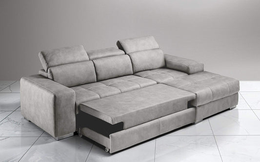 Dafne Italian Design Divano Letto angolare 3 posti con penisola a Destra. Similpelle Effetto Nabuk Ash (cm. 259 x 178 x 94h)