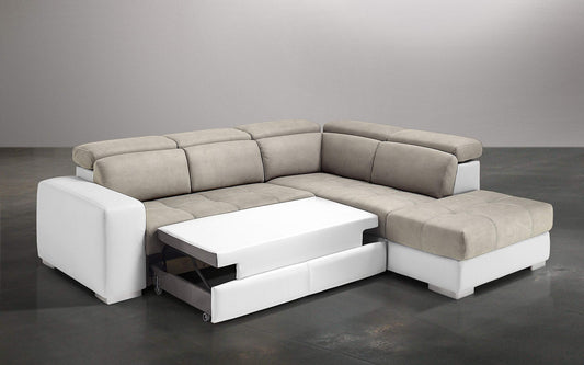 Dafne Italian Design Divano Letto angolare 3 posti con penisola a Destra. Similpelle Bianco, Similpelle Effetto Nabuk Light Grey (cm. 266 x 230 x 94h)