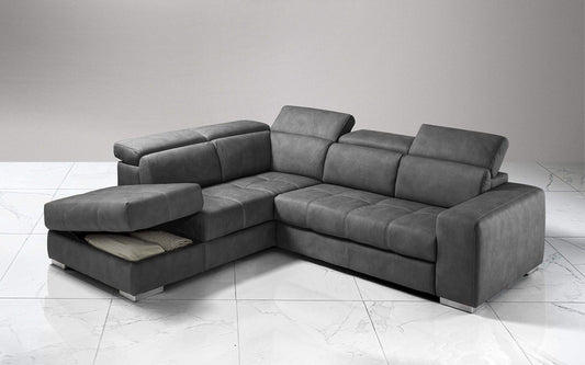 Dafne Italian Design Divano Letto angolare 3 posti con penisola a Sinistra. Similpelle Effetto Nabuk Cenere (cm. 266 x 230 x 94h)