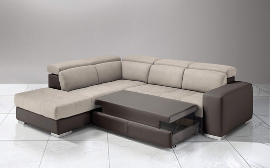 Dafne Italian Design Divano Letto angolare 3 posti con penisola a Sinistra. Similpelle Marrone, Similpelle Effetto Nabuk Beige (cm. 266 x 230 x 94h)