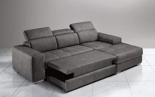 Dafne Italian Design Divano Letto angolare 3 posti con penisola a Destra. Similpelle Effetto Nabuk Granit Grey (cm. 259 x 178 x 94h)