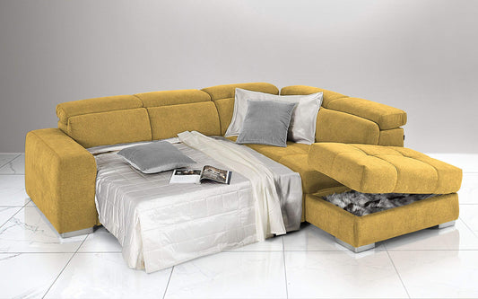 Dafne Italian Design Divano Letto angolare 3 posti con penisola a Destra. Tessuto Romeo Senape (cm. 266 x 230 x 94h)