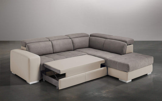 Dafne Italian Design Divano Letto angolare 3 posti con penisola a Destra. Similpelle Sabbia, Similpelle Effetto Nabuk Talpa (cm. 266 x 230 x 94h)