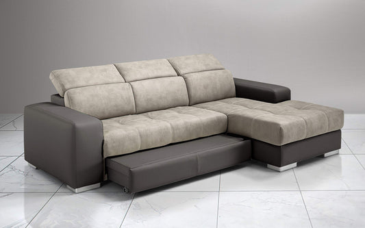 Dafne Italian Design Divano Letto angolare 3 posti con penisola a Destra. Similpelle Elephant, Similpelle Effetto Nabuk Light Grey (cm. 259 x 178 x 94h)