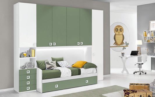 Dafne Italian Design Cameretta Completa a Ponte - Bianco, Salvia (Doppio Letto Singolo e Armadio) (cm. 300 x 96 x 259h)