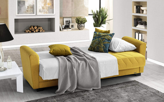Divano 3 posti in tessuto lavabile giallo senape - 220 x 88 x 83h cm., vano contenitore, trasformabile in letto una piazza e mezza