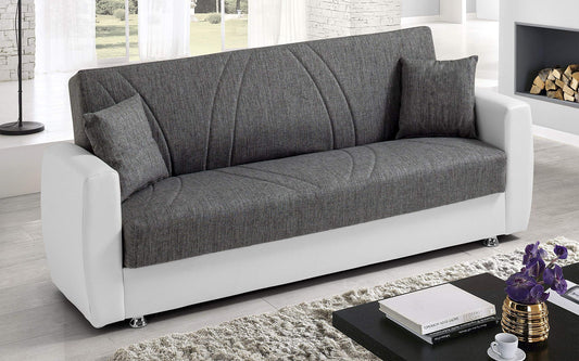 Dafne Italian Design Divano Letto 3 posti. Similpelle Bianco, Tessuto Light Grey (cm. 225 x 87 x 92h)