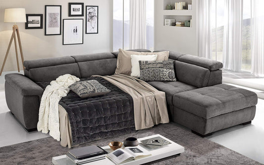 Dafne Italian Design Divano Letto angolare 3 posti con penisola a Destra. Tessuto Romeo Grigio Londra (cm. 282 x 242 x 96h)
