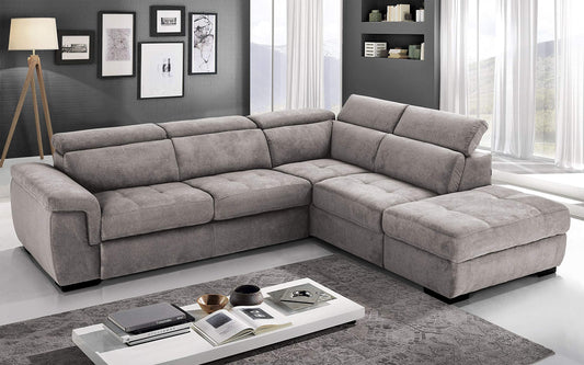 Dafne Italian Design Divano Letto angolare 3 posti con penisola a Destra. Tessuto Romeo Platino (cm. 282 x 242 x 96h)
