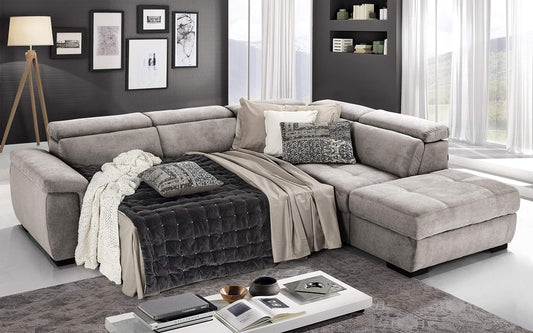 Dafne Italian Design Divano Letto angolare 3 posti con penisola a Destra. Tessuto Romeo Perla (cm. 282 x 242 x 96h)
