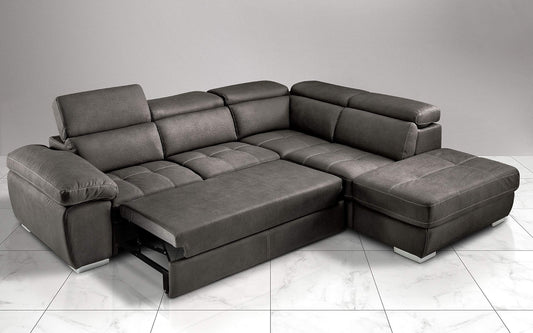 Dafne Italian Design Divano Letto angolare 3 posti con penisola a Destra. Similpelle Effetto Nabuk Granit Grey (cm. 285 x 245 x 97h)