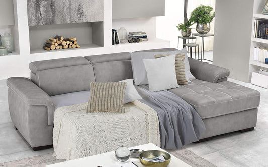 Dafne Italian Design Divano Letto angolare 3 posti con penisola a Destra. Similpelle Effetto Nabuk Ash (cm. 287 x 176 x 96h)