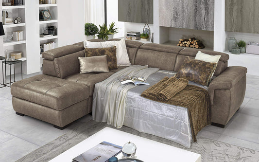 Dafne Italian Design Divano Letto angolare 3 posti con penisola a Sinistra. Tessuto Tay Tay Toffee (cm. 282 x 242 x 96h)