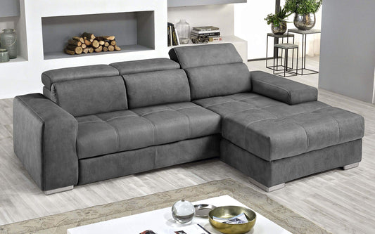 Dafne Italian Design Divano Letto angolare 3 posti con penisola a Destra. Similpelle Effetto Nabuk Cenere (cm. 259 x 178 x 94h)