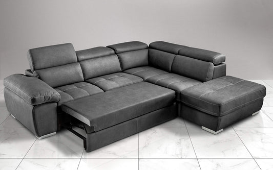 Dafne Italian Design Divano Letto angolare 3 posti con penisola a Destra. Similpelle Effetto Nabuk Cenere (cm. 285 x 245 x 97h)