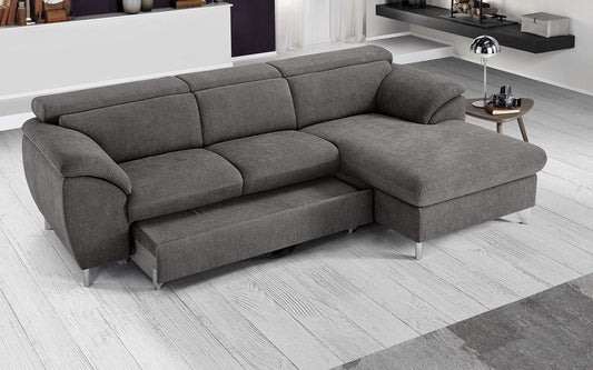 Dafne Italian Design Divano Letto angolare 3 posti con penisola a Destra. Tessuto Romeo Grigio Londra (cm. 269 x 175 x 94h)