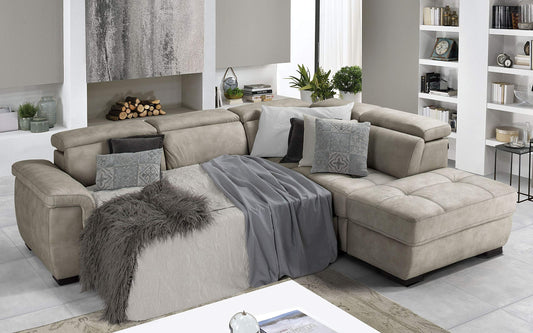 Dafne Italian Design Divano Letto angolare 3 posti con penisola a Destra. Similpelle Effetto Nabuk Light Grey (cm. 282 x 242 x 96h)