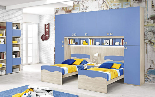 Dafne Italian Design Cameretta Completa a Ponte - Effetto Olmo, Avio (Doppio Letto Singolo e Armadio) (cm. 350 x 58 x 259h)