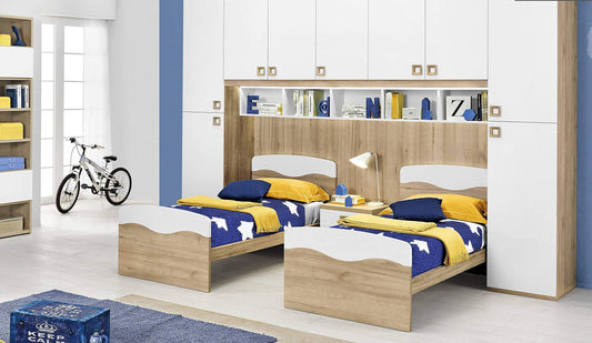 Dafne Italian Design Cameretta Completa a Ponte - Effetto faggio, Bianco (Doppio Letto Singolo e Armadio) (cm. 350 x 58 x 259h)