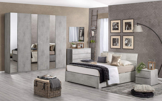 Dafne Italian Design Camera Completa - Cemento Ash (Letto Matrimoniale, Armadio, Comodino, Specchiera, Comò)