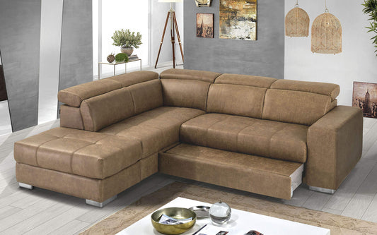 Dafne Italian Design Divano Letto angolare 3 posti con penisola a Sinistra. Tessuto Color Cammello (cm. 266 x 230 x 94h)