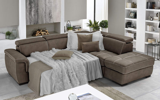 Dafne Italian Design Divano Letto angolare 3 posti con penisola a Destra. Similpelle Effetto Nabuk Elephant (cm. 282 x 242 x 96h)