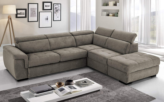 Dafne Italian Design Divano Letto angolare 3 posti con penisola a Destra. Tessuto Romeo camoscio (cm. 282 x 242 x 96h)