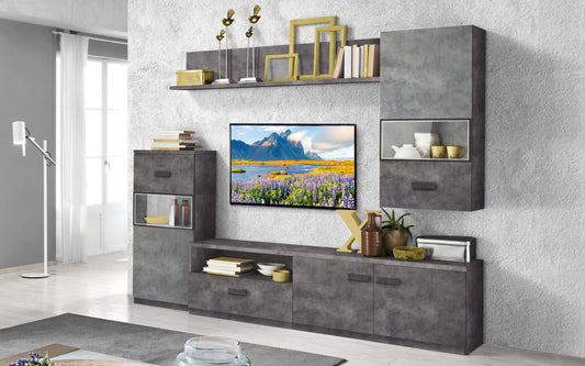 Dafne Italian Design Mobile da soggiorno moderno Pegy misura cm. 270x42x205 colore grigio chiaro e grigio scuro sfumati: base tv, madia alta, pensile e mensola.