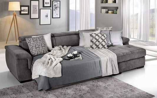 Dafne Italian Design Divano Letto angolare 3 posti con penisola a Destra. Tessuto Romeo Grigio Londra (cm. 287 x 176 x 96h)