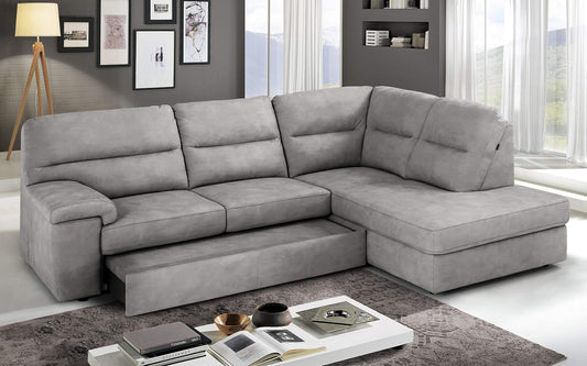 Dafne Italian Design Divano Letto angolare 3 posti con penisola a Destra. Similpelle Effetto Nabuk Ash (cm. 252 x 196 x 96h)