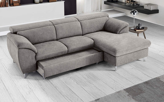 Dafne Italian Design Divano Letto angolare 3 posti con penisola a Destra. Tessuto Romeo Platino (cm. 269 x 175 x 94h)