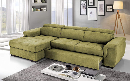 Dafne Italian Design Divano Letto angolare 3 posti con penisola a Sinistra. Tessuto Romeo Verde Acido (cm. 287 x 176 x 96h)
