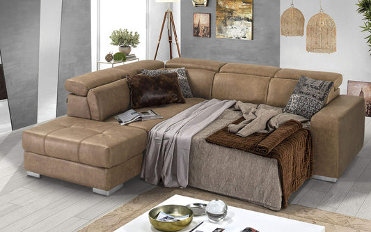 Dafne Italian Design Divano Letto angolare 3 posti con penisola a Sinistra. Tessuto Color Cammello (cm. 266 x 230 x 94h)