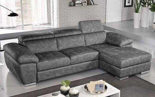 Dafne Italian Design Divano Letto angolare 3 posti con penisola a Destra. Similpelle Effetto Nabuk Cenere (cm. 265 x 182 x 97h)