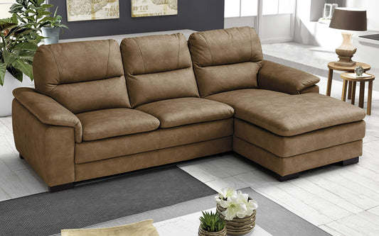 Dafne Italian Design Divano angolare 3 posti con penisola a Destra. Similpelle Effetto Nabuk Dark Camel (cm. 275 x 158 x 94h)