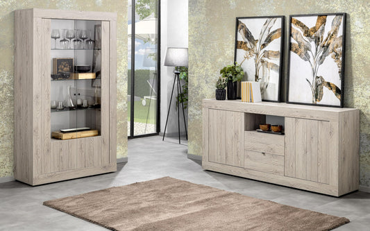 Dafne Italian Design Mobile da soggiorno moderno Urby colore rovere chiaro: madia due ante cm. 184x42x86; una vetrina a due ante cm. 110x42x189