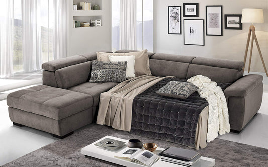 Dafne Italian Design Divano Letto angolare 3 posti con penisola a Sinistra. Tessuto Romeo Stone (cm. 282 x 242 x 96h)