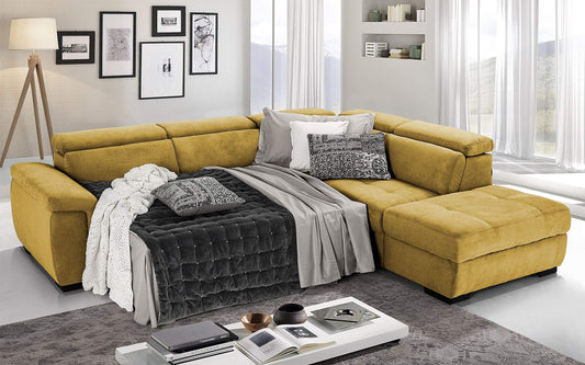 Dafne Italian Design Divano Letto angolare 3 posti con penisola a Destra. Tessuto Romeo Senape (cm. 282 x 242 x 96h)