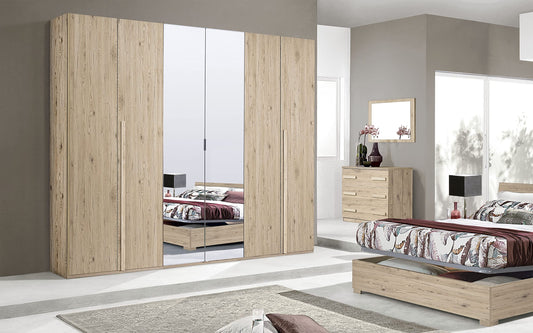 Dafne Italian Design Camera Completa - Effetto Rovere Crudo Armadio 6 Ante con Specchio cm. 274 x 55 x 247