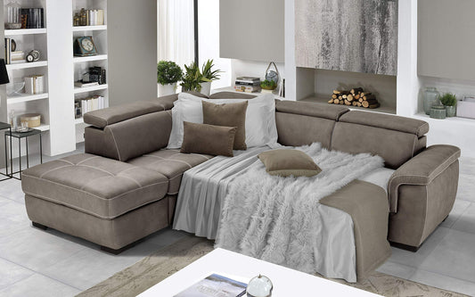 Dafne Italian Design Divano Letto angolare 3 posti con penisola a Sinistra. Similpelle Effetto Nabuk Talpa (cm. 282 x 242 x 96h)